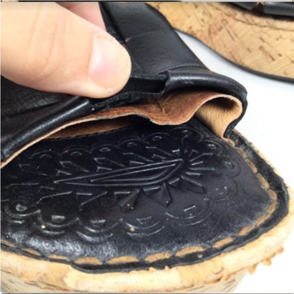 Born Women's Wedge Cork Sandals Slip-On Leather Open Toe Black Size 6 - Picture 11 of 12